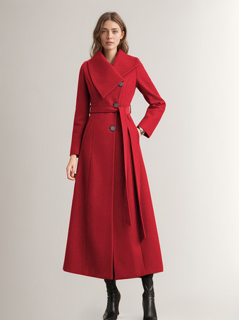 Woolen Long Coat For Woman Sash Warm Winter Outerwear 2024