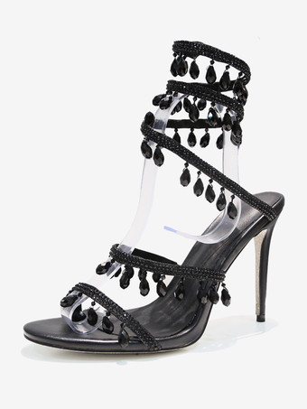 ハイヒールサンダル レディース オープントゥ ラインストーン レースアップ プロムシューズ