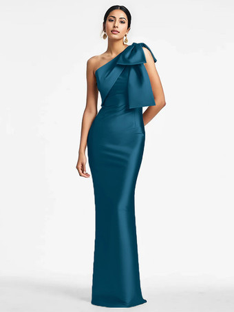 ティール花嫁の母親のためのパーティードレス ワンショルダーのリボン付きフロアレングスのマーメイドゲストドレス 結婚式用