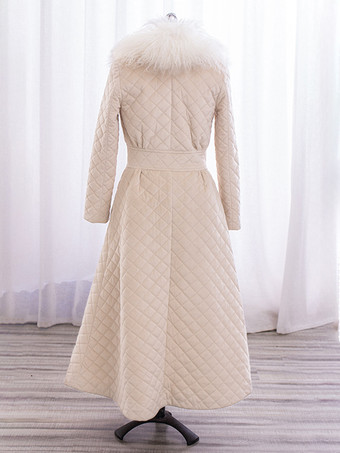 ロングラインアウターウェア フェザーカラー キルティングポケット 冬用フルレングスコート