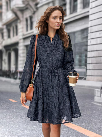 ダークネイビーダークネイビー花柄刺繍ドレスボタンベルト付きカジュアルショートドレス