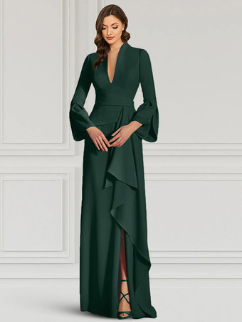 ダークグリーンパーティードレス 花嫁の母用 Vネック 長袖 マーメイドフリル フロアレングス ゲストドレス 結婚式用