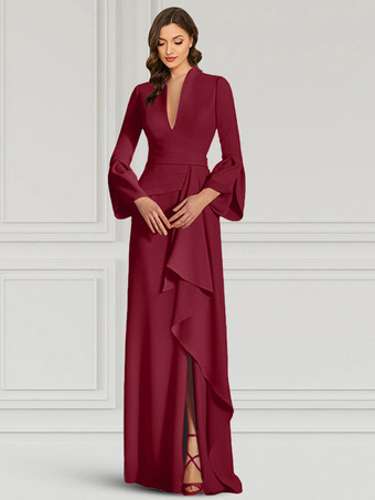 バーガンディーパーティードレス 花嫁の母用 Vネック 長袖 マーメイドフリル フロアレングス ゲストドレス 結婚式用