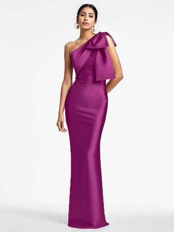 マゼンタ花嫁の母親のためのパーティードレス ワンショルダーのリボン付きフロアレングスのマーメイドゲストドレス 結婚式用