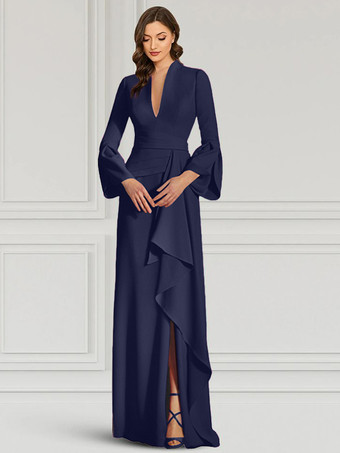 ダークネイビーパーティードレス 花嫁の母用 Vネック 長袖 マーメイドフリル フロアレングス ゲストドレス 結婚式用