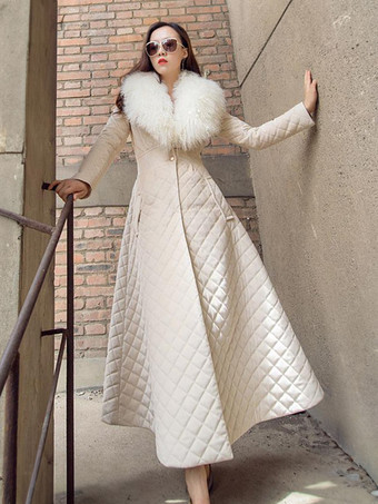 ロングラインアウターウェア フェザーカラー キルティングポケット 冬用フルレングスコート