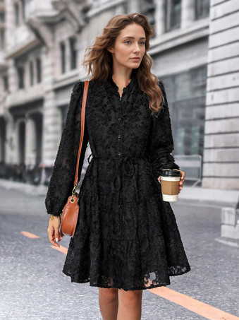 ブラック ダークネイビー花柄刺繍ドレスボタンベルト付きカジュアルショートドレス