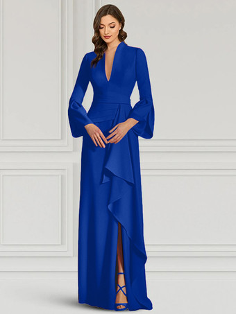 ロイヤルブルーパーティードレス 花嫁の母用 Vネック 長袖 マーメイドフリル フロアレングス ゲストドレス 結婚式用