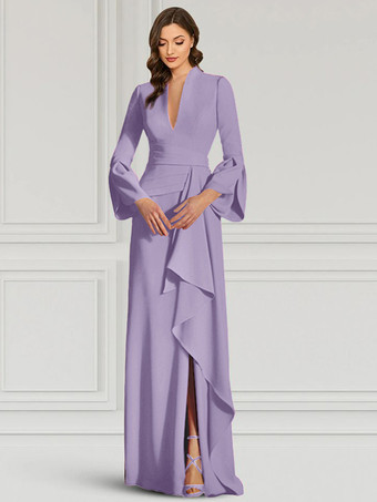 ラベンダーパーティードレス 花嫁の母用 Vネック 長袖 マーメイドフリル フロアレングス ゲストドレス 結婚式用