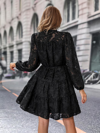 ダークネイビー花柄刺繍ドレスボタンベルト付きカジュアルショートドレス