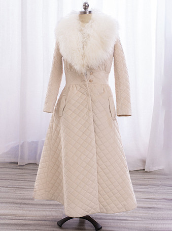 ロングラインアウターウェア フェザーカラー キルティングポケット 冬用フルレングスコート