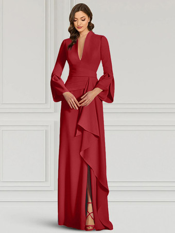 レッド パーティードレス 花嫁の母用 Vネック 長袖 マーメイドフリル フロアレングス ゲストドレス 結婚式用