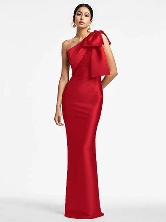 レッド 花嫁の母親のためのパーティードレス ワンショルダーのリボン付きフロアレングスのマーメイドゲストドレス 結婚式用
