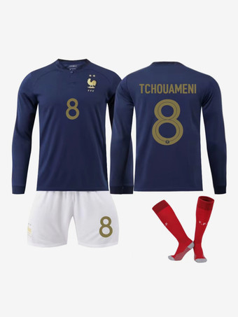 Camisa de futebol Les Bleues número 8 TCHOUAMENI The France Team Men's Sportswear 4 peças manga comprida azul