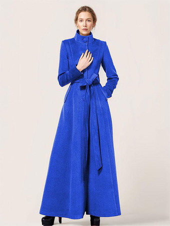 ロングウールブレンドコート スタンドカラー ベルト付き 暖かい クラシック フルレングス 冬アウター レディース 2025