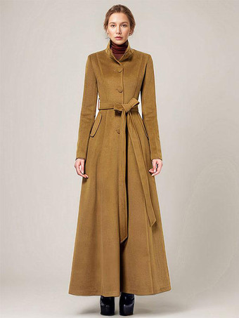 ロングウールブレンドコート スタンドカラー ベルト付き 暖かい クラシック フルレングス 冬アウター レディース 2025