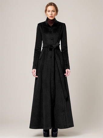 ブラック ロングウールブレンドコート スタンドカラー ベルト付き 暖かい クラシック フルレングス 冬アウター レディース 2025