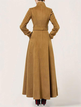 ロングウールブレンドコート スタンドカラー ベルト付き 暖かい クラシック フルレングス 冬アウター レディース 2025