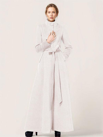 ロングウールブレンドコート スタンドカラー ベルト付き 暖かい クラシック フルレングス 冬アウター レディース 2025
