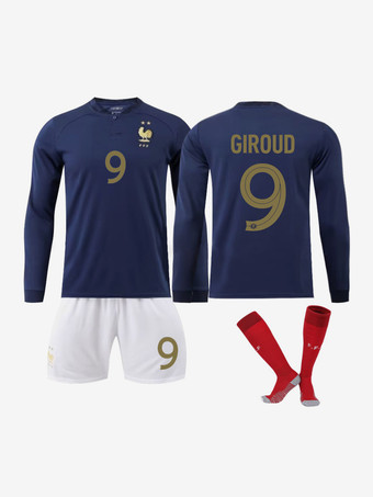 Camisa de futebol Les Bleues Número 9 GIROUD The France Team Sportswear Masculino 4 Peças Manga Comprida Azul
