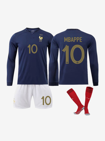 Les Bleues Football Shirt Number 10 MBAPPE France Team Sportswear Masculino 4 Peças Manga Comprida Azul