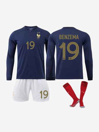 Les Bleues サッカー シャツ 番号 19 ベンゼマ フランス チーム メンズ スポーツウェア 4 ピース 長袖 ブルー