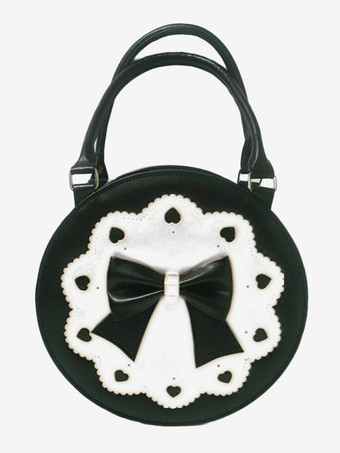 Lolitashow Round Lolita Handbag Bow Decor White Embroidery Heart Hollow