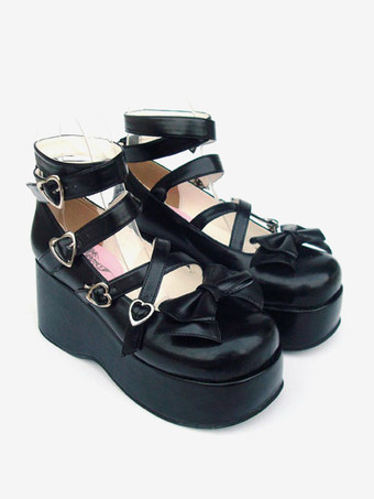 スウィート　ロリィタパンプス　プラットフォームシューズ　ブラック　PU　ハートバックル　リボン　アンクルストラップ