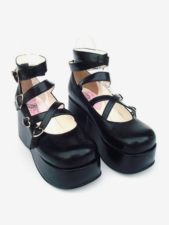 スウィート　ロリィタパンプス　プラットフォームシューズ　ブラック　PU　ハートバックル　リボン　アンクルストラップ