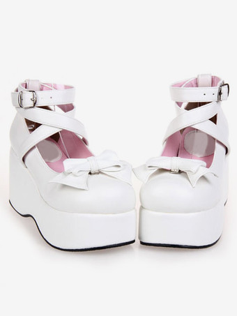 Punta rotonda bianca alta piattaforma Lolita scarpe caviglia cinghie fiocco Decor