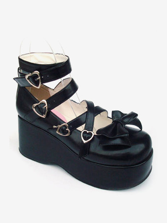スウィート　ロリィタパンプス　プラットフォームシューズ　ブラック　PU　ハートバックル　リボン　アンクルストラップ
