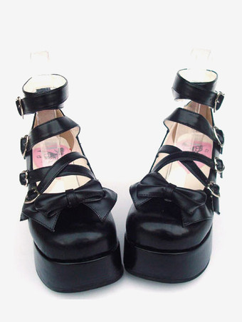 Lolitashow Zapatos Lolita Dulce Negros Plataforma Alta Tirantes de Tobillo Hebilla Lazo
