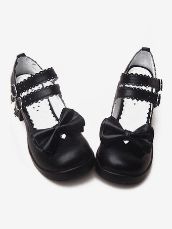 Lolitashow Negro Tacones Gruesos Zapatos Tirantes Lazo Hebillas