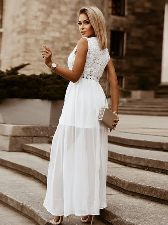 ホワイト ノースリーブ ドレス V ネック カットアウト ボヘミアン風マキシ ドレス