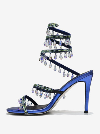 Sandalias de tacón alto Mujer Punta abierta Rhinestones Zapatos de fiesta con cordones