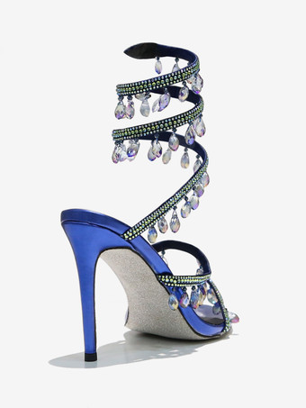 ハイヒールサンダル レディース オープントゥ ラインストーン レースアップ プロムシューズ