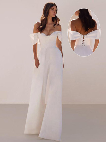 ブライダルジャンプスーツ サテン生地 フロアレングスジャンプスーツ ストラップレス ノースリーブ ナチュラルウエスト アイボリー