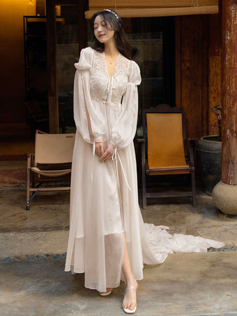 Brautpyjama  weiße Spitze  Nachtwäsche  2-teilig  V-Ausschnitt  Langarm-Dessous