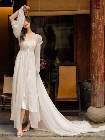 ブライダル パジャマ ホワイト レース パジャマ 2ピース Vネック 長袖 ランジェリー