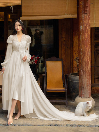 ブライダル パジャマ ホワイト レース パジャマ 2ピース Vネック 長袖 ランジェリー