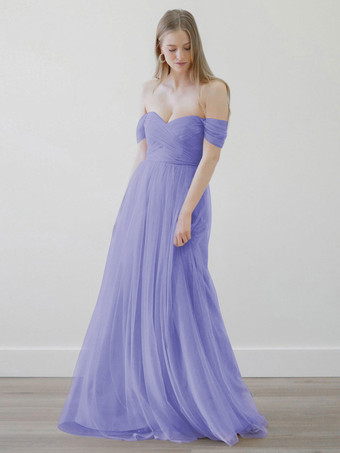 ライラックブライドメイドドレス Aライン マキシレングス ジッパー チュール ウェディングパーティードレス