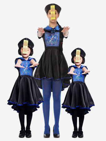 女性のためのハロウィーンの中国のゾンビコスチュームブラックブルーポリエステル服帽子ホリデーコスチュームフルセット