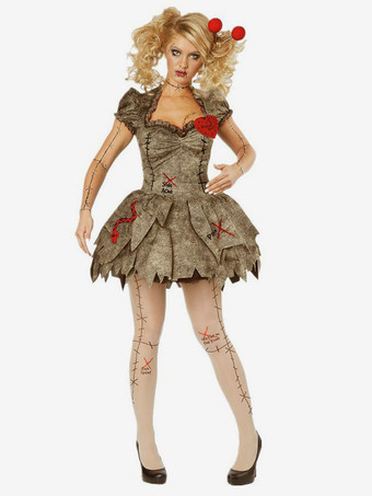 Light Brown Halloween Zombie Costumes For Women Light Brown Scary Dress Headwear Polyester Holidays Costumes