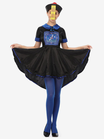 女性のためのハロウィーンの中国のゾンビコスチュームブラックブルーポリエステル服帽子ホリデーコスチュームフルセット