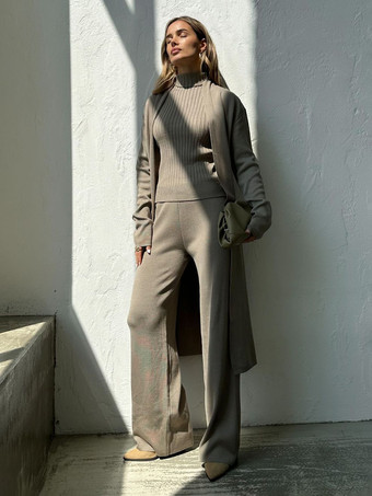 ロングラインオーバーコート ハイカラートップスとワイドレッグパンツの3ピースコーデセット 2025