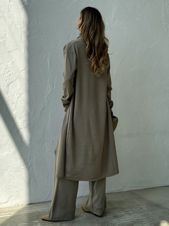 ロングラインオーバーコート ハイカラートップスとワイドレッグパンツの3ピースコーデセット 2025