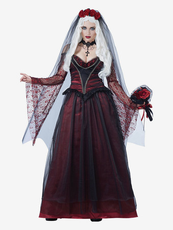 Halloween Disfraces de novia fantasma de Halloween Vestido real de encaje burdeos Sombreros Disfraces de vacaciones de poliéster