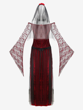 Halloween Disfraces de novia fantasma de Halloween Vestido real de encaje burdeos Sombreros Disfraces de vacaciones de poliéster