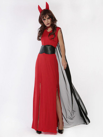 ハロウィン 女性のためのハロウィーンの悪魔の衣装赤いロングドレスマントの帽子ポリエステル休日の衣装