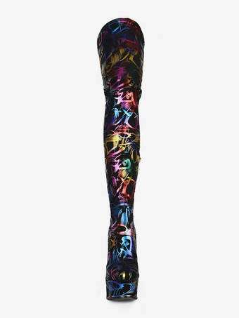 サイハイブーツ ブラック プラットフォーム ラウンドトゥ プリント ジップアップ ハイヒール オーバーザニーブーツ